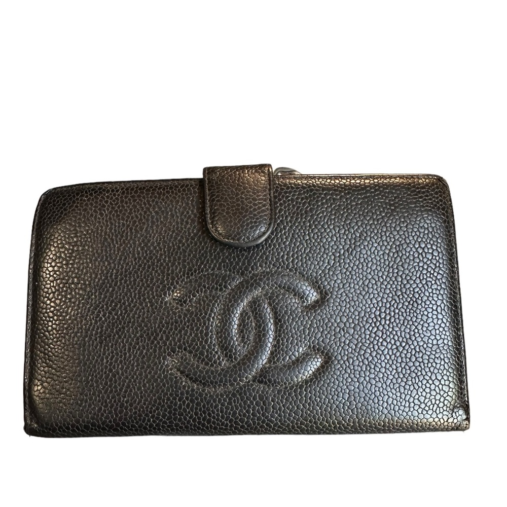 Vintage genuine CHANEL black caviar leather long wallet organizer AUTHENTICATED